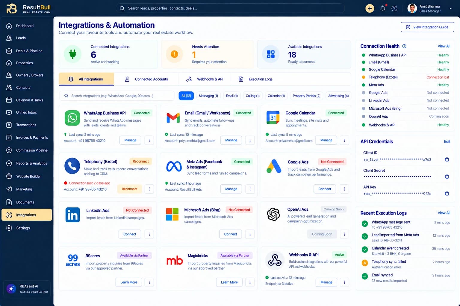 ResultBull integrations catalogue with connection statuses, health indicators and execution logs