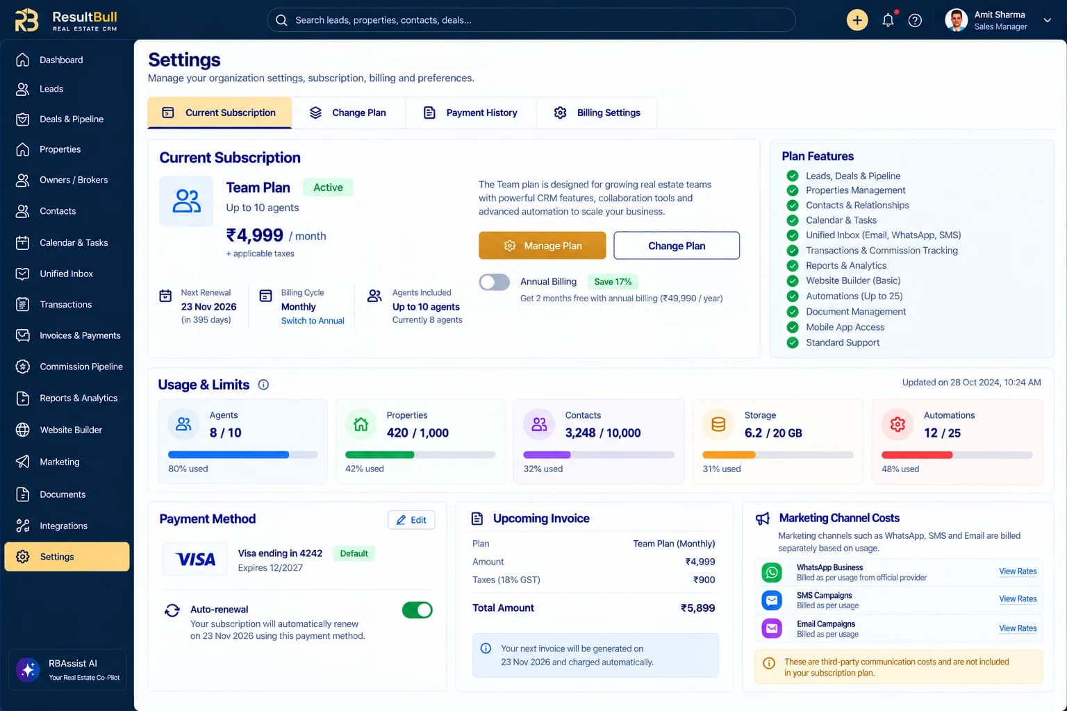 ResultBull subscription dashboard with current plan, renewal information and usage meters