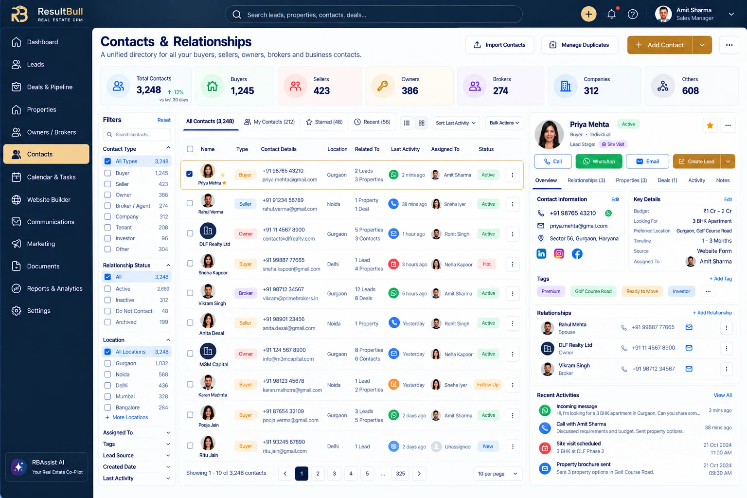 ResultBull contacts and relationships interface with contact types, filters and relationship history